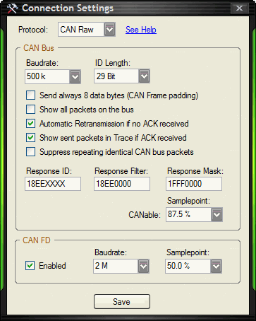 CAN bus - Connection Settings